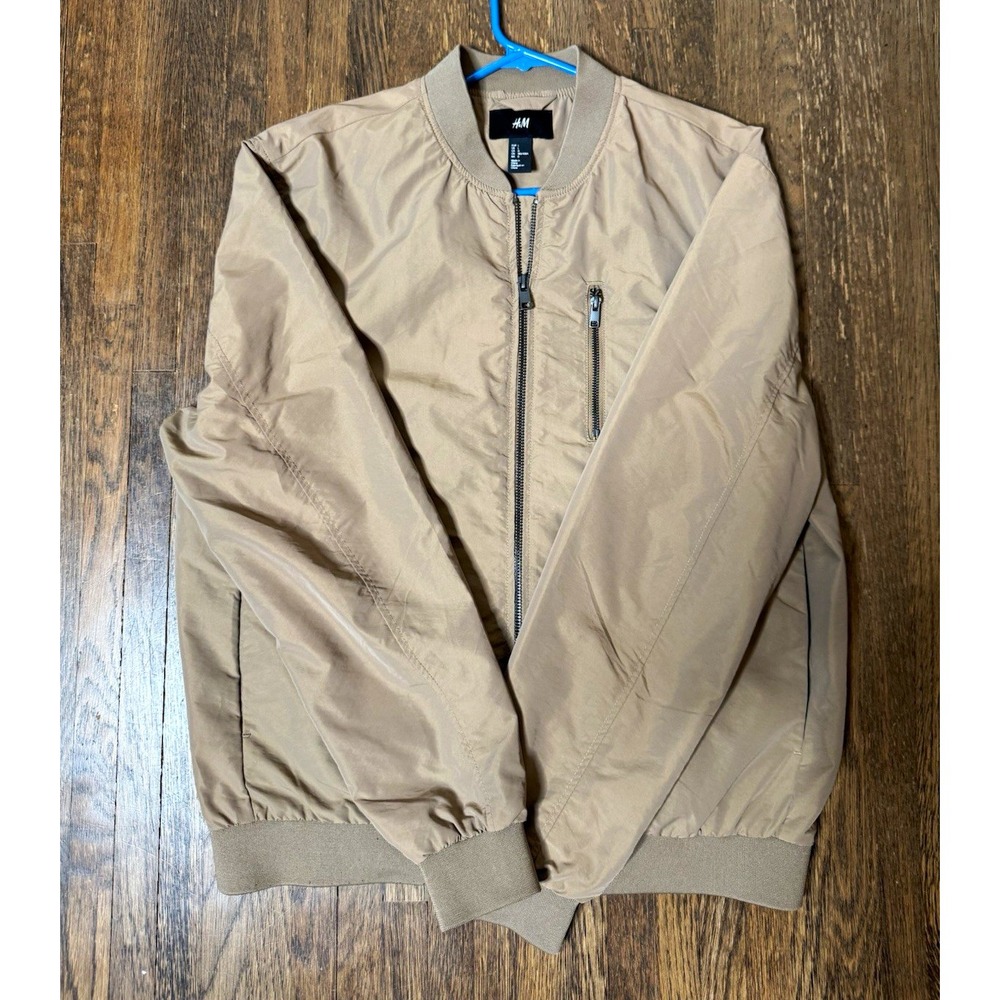 H&M Mens Beige Bomber Jacket Full Zip Band Collar Regular Fit Size L 48in
